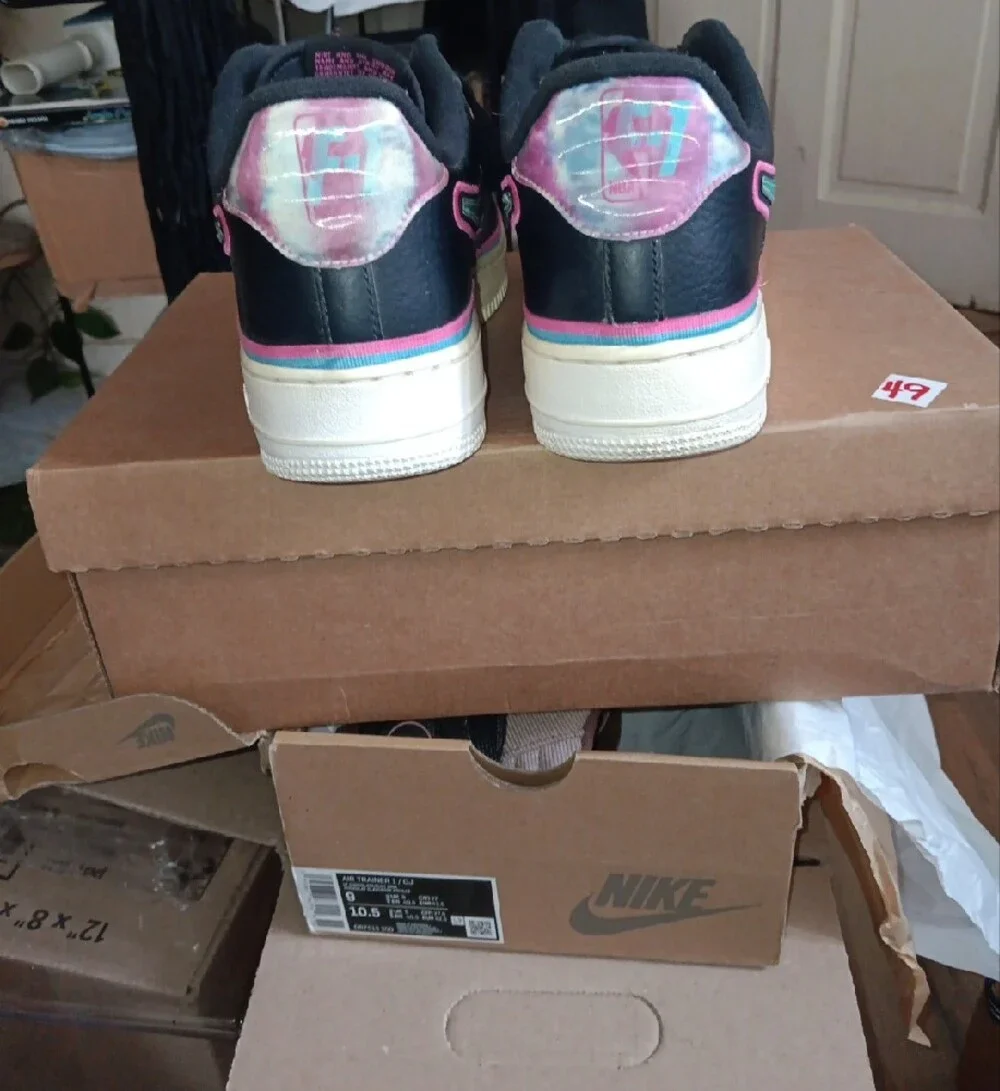Nike AF1 NBA Colab, Black Leather Sneakers with Teal & Pink Swoosh